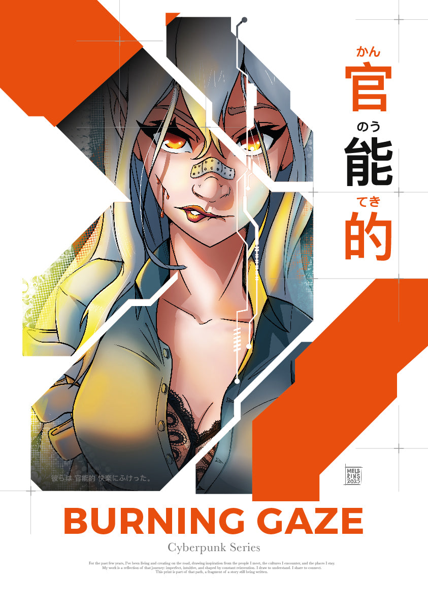 Cyberpunk Burning Gaze Poster – Futuristic Anime Girl Wall Art Print (White Edition)