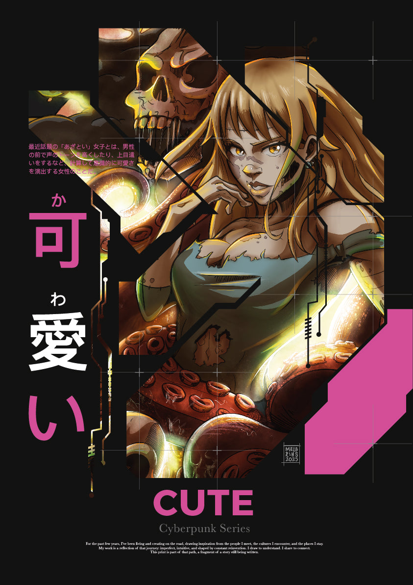 Cyberpunk Nami Poster – Futuristic Anime Girl & Skull Wall Art Print (Black Edition)